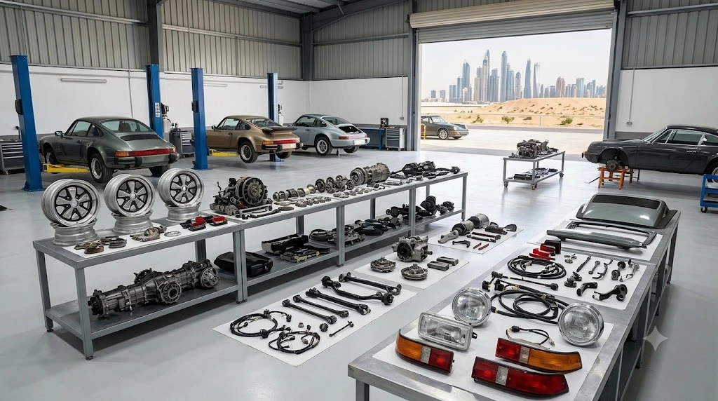 Classic Porsche 911 parts Dubai — air-cooled 964 and 993 restoration components laid out in our UAE warehouse
