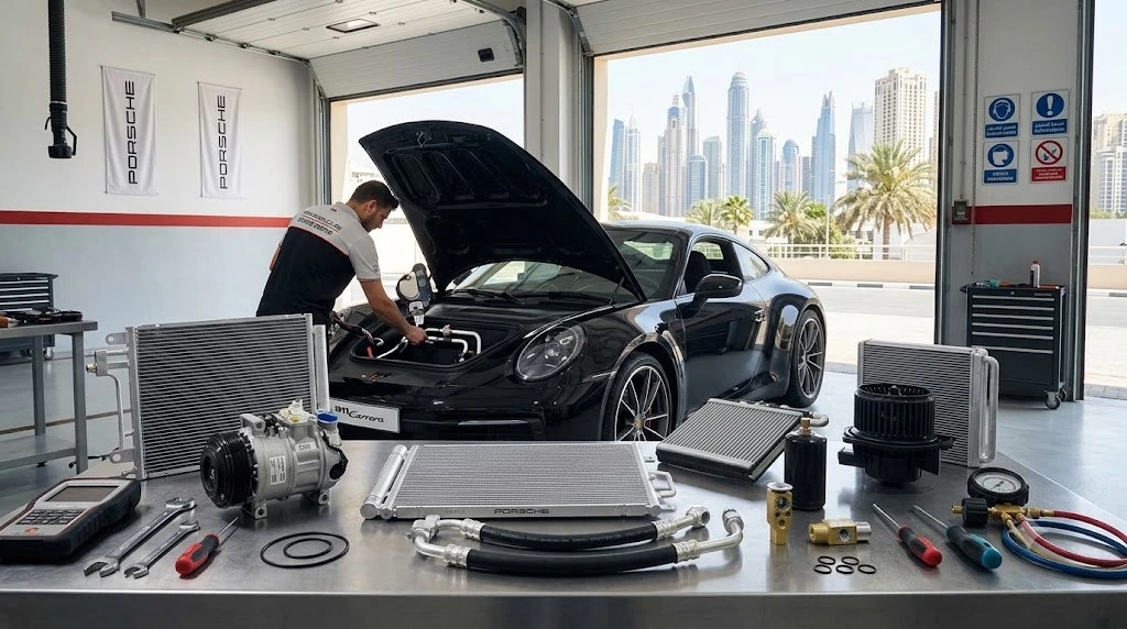 Porsche AC parts Dubai - compressor, condenser and evaporator components on a workbench
