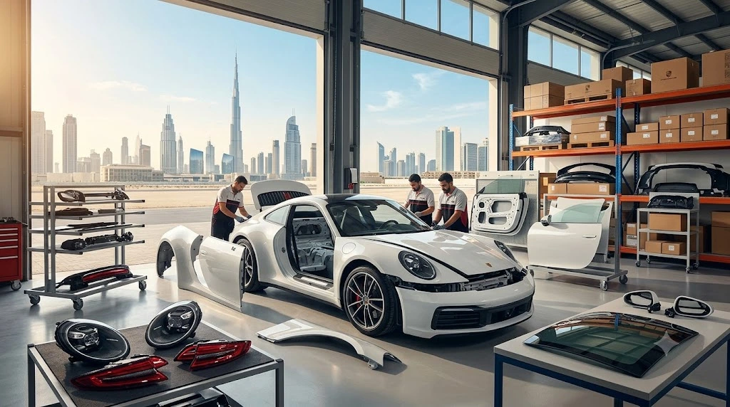 Porsche body parts Dubai - bumpers, headlights and panels laid out in a Porsche parts workshop