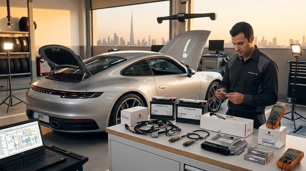 Porsche electrical parts Dubai including battery, ignition coils and sensors laid out on a workbench