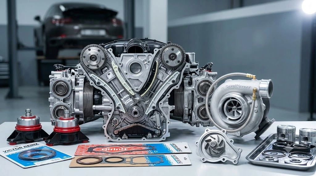 Porsche engine parts Dubai – flat-six engine with timing chain and turbocharger components