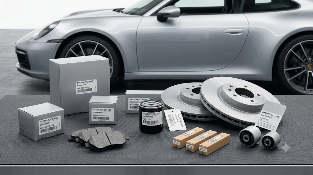Porsche genuine parts Sharjah displayed in sealed factory packaging with part numbers
