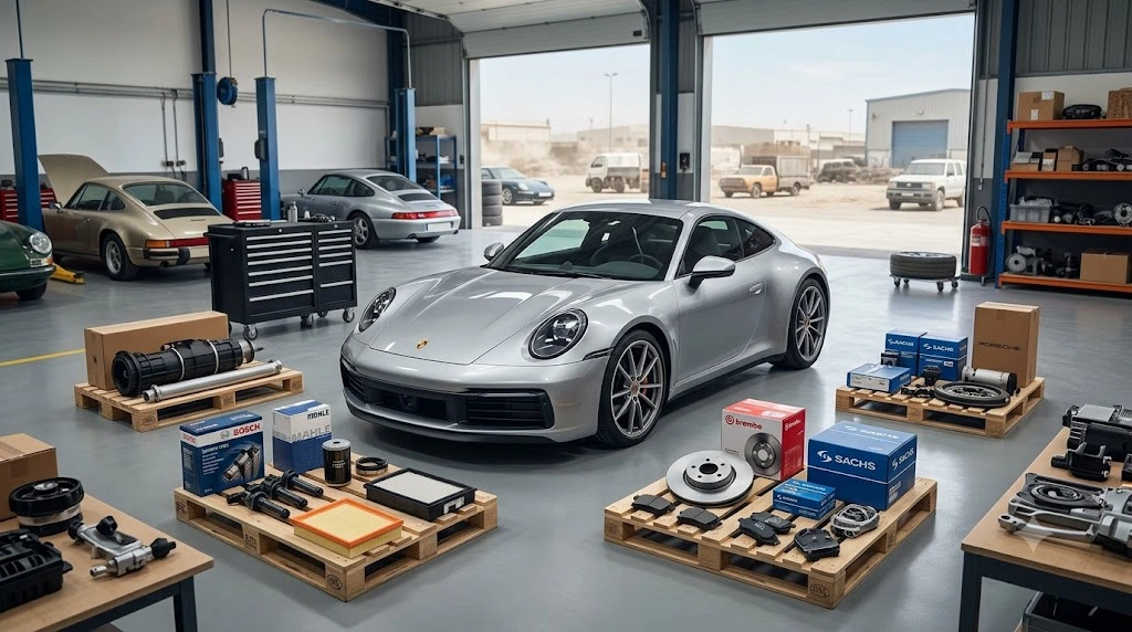 Porsche OEM parts Sharjah supplier - genuine Bosch and Mahle components laid out for a 911
