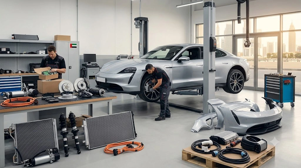 Porsche Taycan spare parts Dubai - genuine EV brake, body and charging components ready for delivery