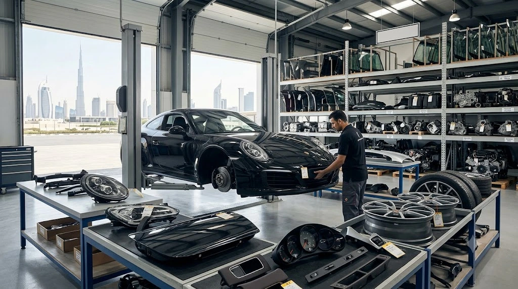 Tested Porsche used parts Dubai warehouse with graded second hand body panels, wheels and interior trim