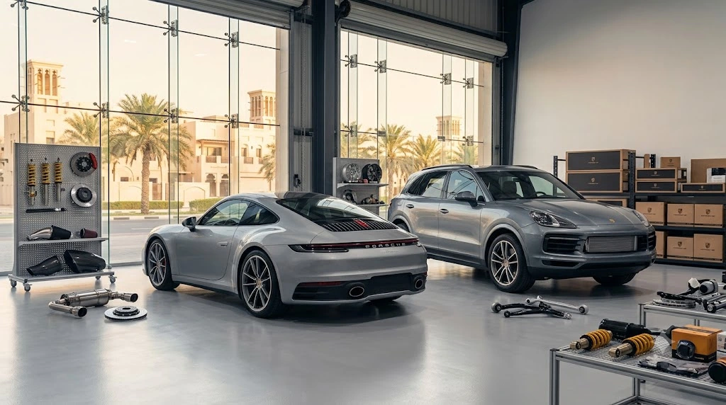 Porsche aftermarket parts Dubai — performance exhaust, coilovers and brake components displayed at our UAE warehouse