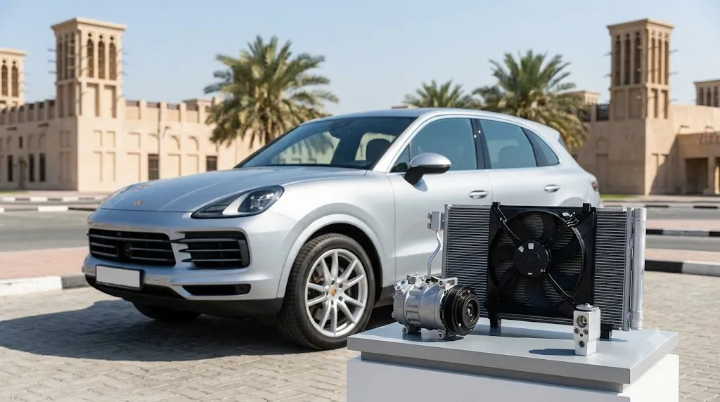 Porsche AC parts Sharjah - compressor and condenser cooling components ready for delivery
