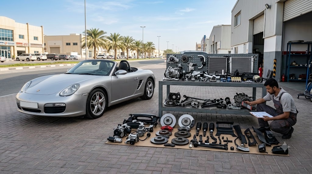 Porsche Boxster parts Sharjah — genuine and OEM spares laid out for a second-hand Boxster refurbishment