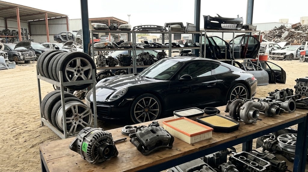 Porsche used parts Sharjah — tested and graded second hand Porsche components on a workshop bench